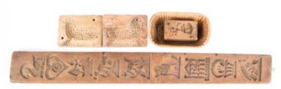 Konvolut Back- und Buttermodel, Holz, dabei 1x mit 17 Motiven auf Vor- und Rückseite, L.70 c