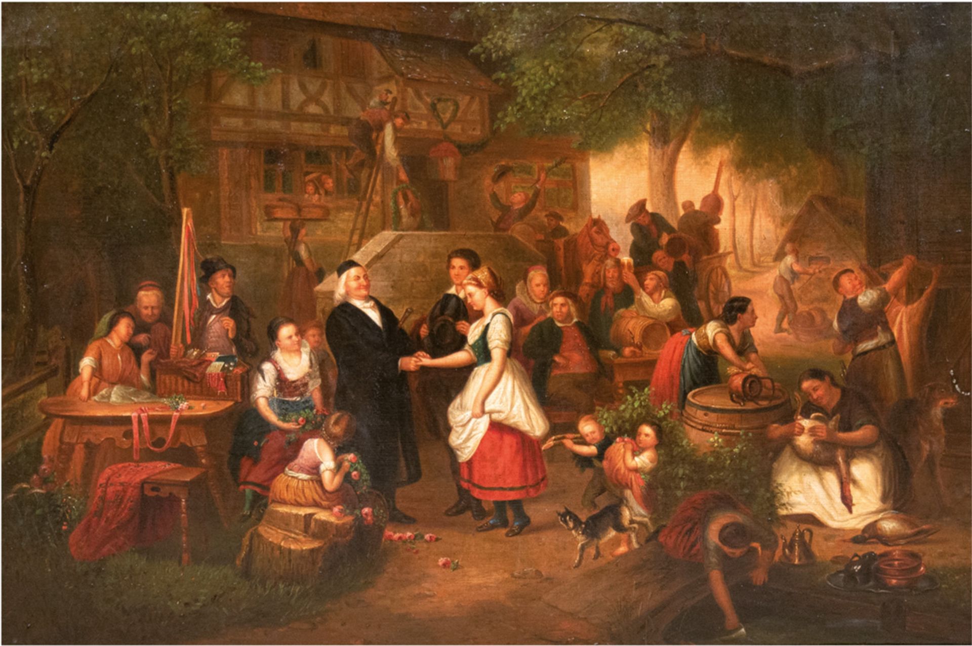 Genremaler in der Art Franz Kehls, 19. Jh. "Bauernhochzeit", Öl/Lw., 3 Hinterlegungen,unsign