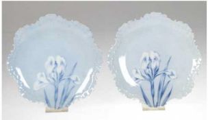 Paar Jugendstil-Wandteller, Rosenthal Monbijou Copenhagen, hellblau mit Liliendekor,Ränder b