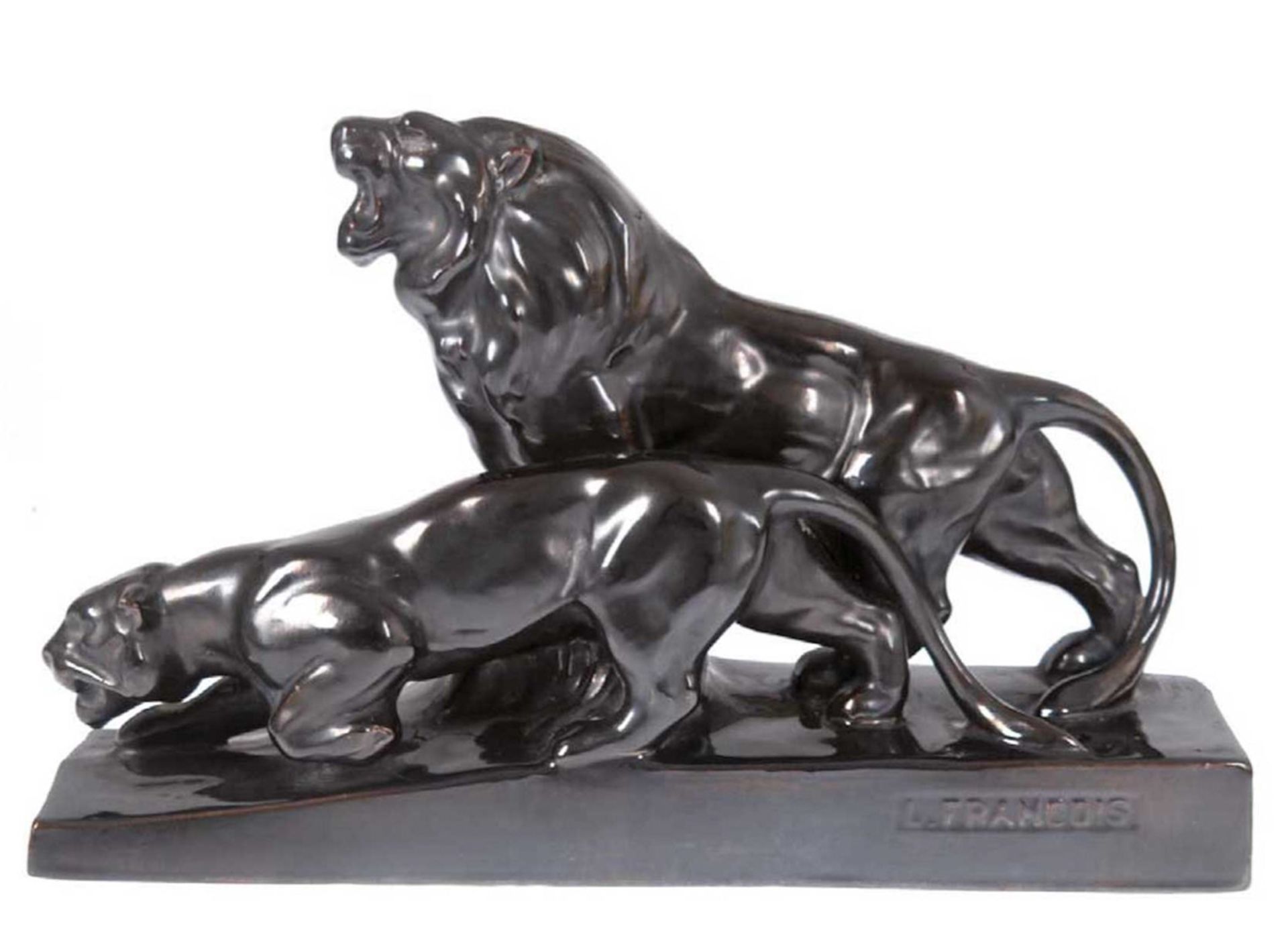 Keramikfigur "Löwenpaar", Entwurf L. Francois, sign., dunkelbraun glasiert, H. 28 cm, L.45 c