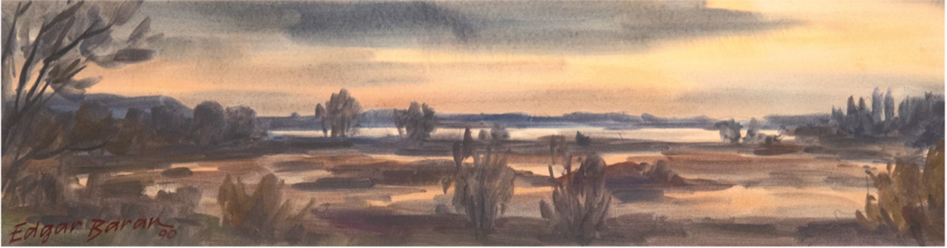 Baran, Edgar (1937-2011) "Seenlandschaft", Aquarell, sign. u. dat. '90 u.l., 17x64 cm,hinter