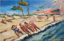 Weyl, Hans (1925 Heiligenbeil/Ostpreussen-1994 Barth) "Sonnenbaden am Darßer Strand",Öl/Mp.