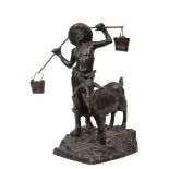 Skulptur "Wasserträger mit Ziege", Bronze, dunkel patiniert, undeutl. sign. auf derPlinth