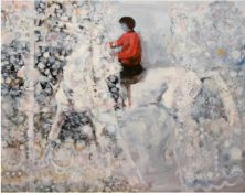 "Horse and Rider", Öl/Hartfaser, undeutl. sign. u.r., 60x70 cm, Rahmen