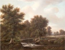 Becker, August (1822 Darmstadt- 1887 Düsseldorf) "Parklandschaft mit kleinem Wehr,Personen a