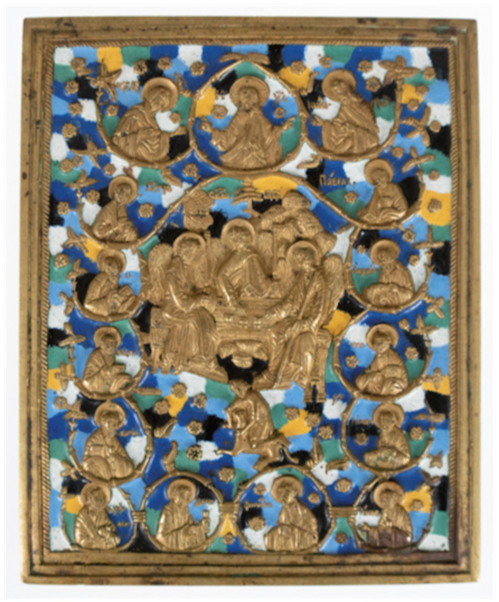 Ikone, 19. Jh., Messing, zahlreiche reliefierte Heiligendarstellungen, polychromemailliert, 1