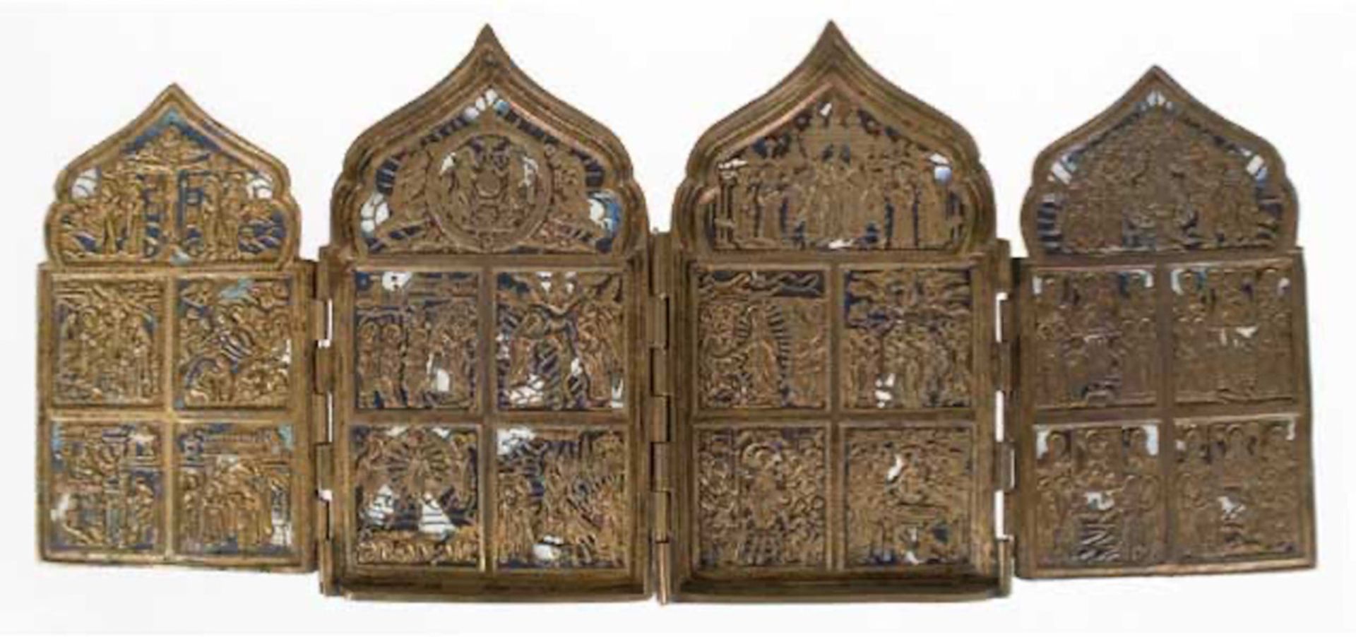 Reiseikone, 19. Jh., Messing, 4-flügelig, reiche reliefierte Heiligendarstellungen,partiell