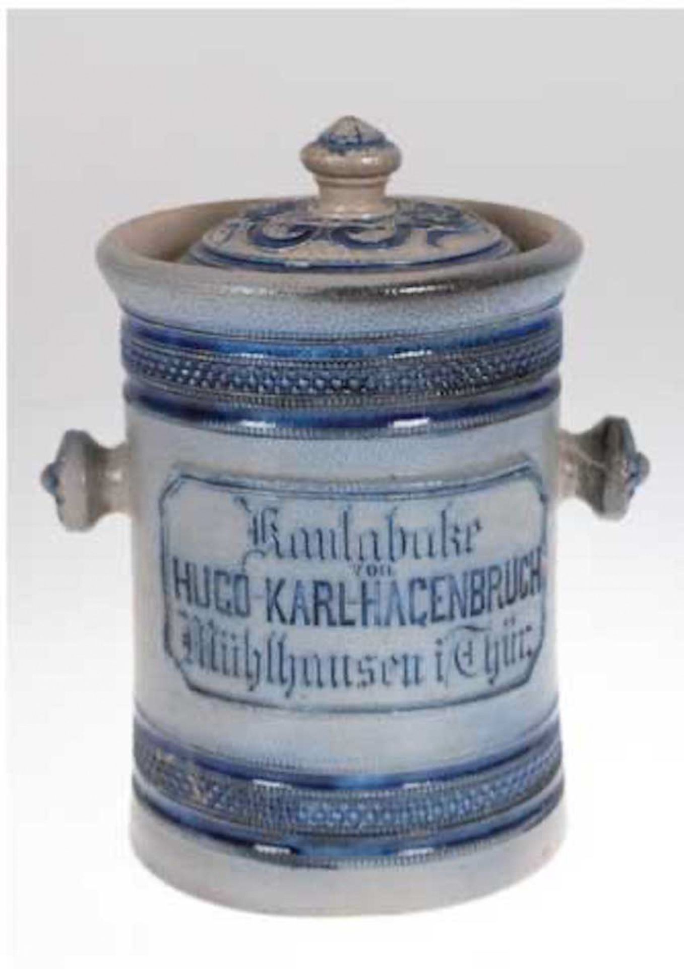 Kautabaktopf um 1900, "Kautabake von Hugo-Karl-Hagenbruch, Mühlhausen i/Thür.",salzglasiert