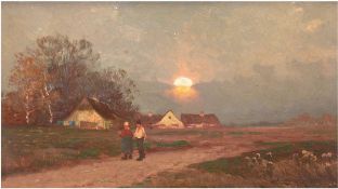Reichert, Carl, Pseud. J. Loninger (1836-1918) "Abendliche Landschaft mit Bauernpaar",Öl/Mp.