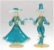 Murano-Figuren "Tanzpaar", farbloses Glas mit grünen und goldfarbenen Einschmelzungen, H.19