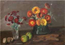 Hansen, Joh. "Stilleben mit Blumen in Vase und Äpfeln", Öl/Lw., sign. u.r., undeutl. dat.19