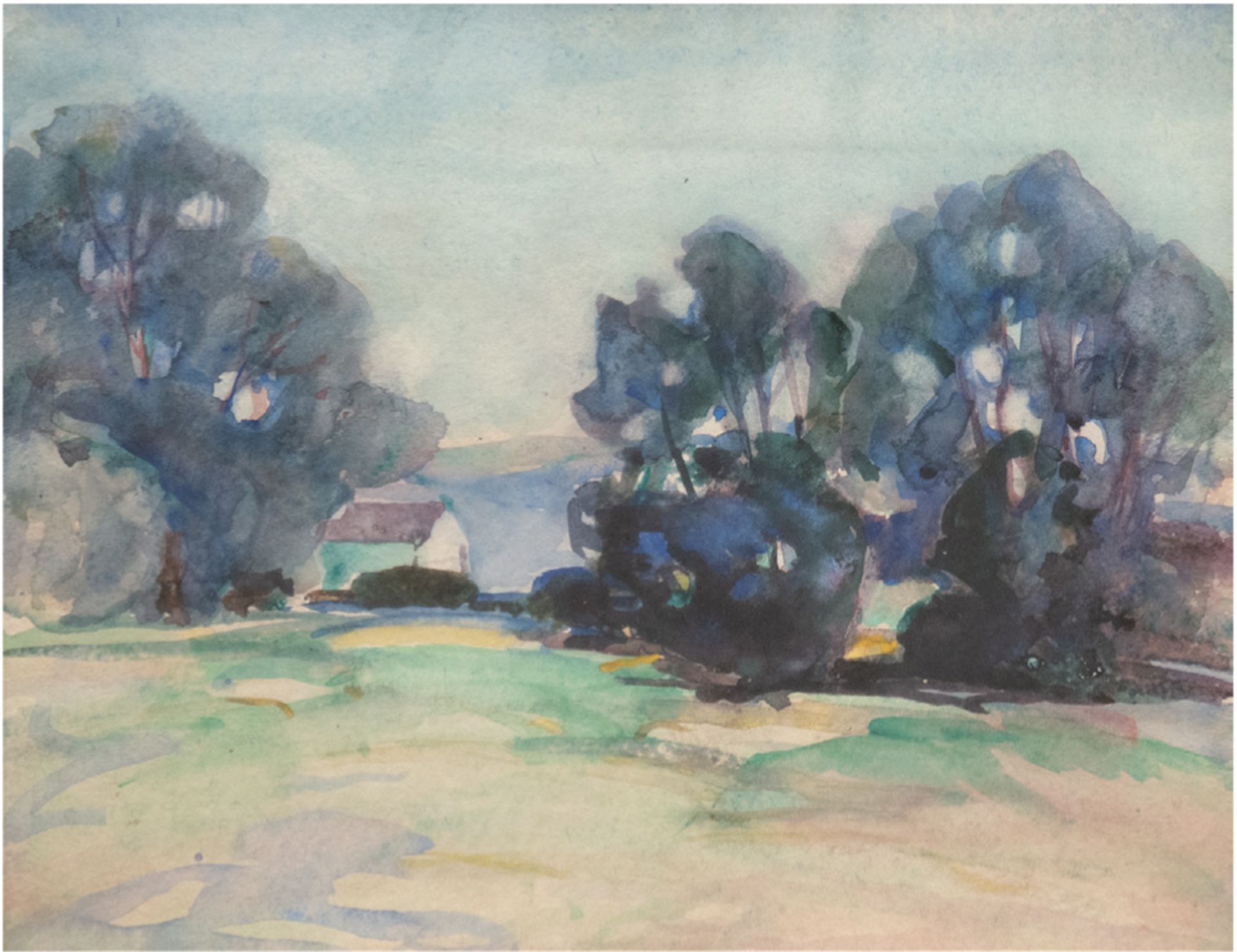 Landschaftmaler 1. H. 20. Jh., "Baumbestandene Sommerlandschaft", Aquarell, unsign., 33x39cm