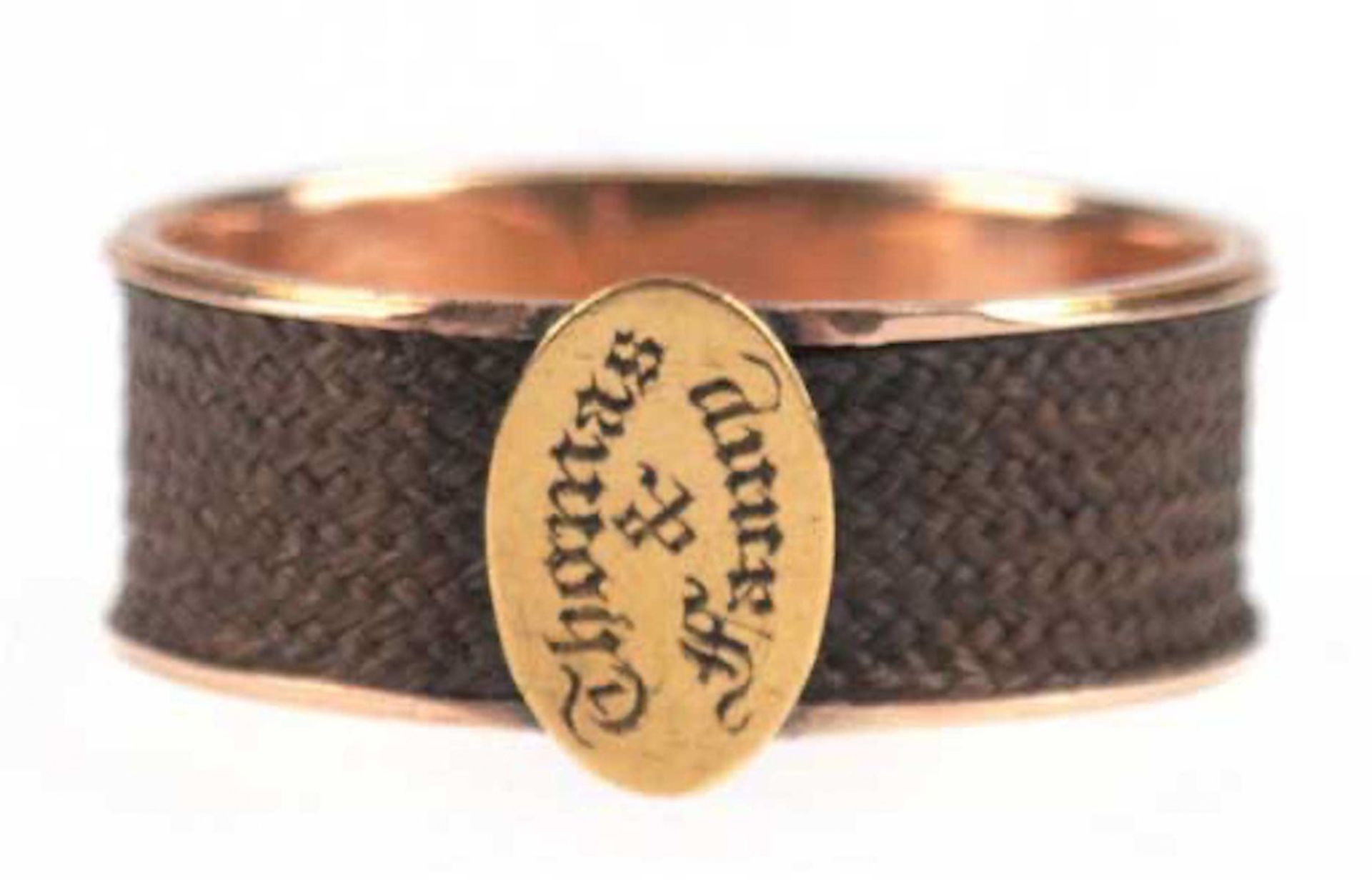 Ring, 585er GG geprüft, wohl England um ca. 1900 mit fein gearbeitetem Haar-Geflecht, TopZus