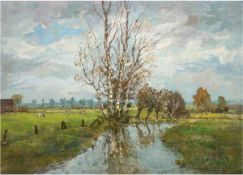 "Norddeutsche Landschaft mit Flußlauf", Öl/Lw./Hf., unsign., 59x79 cm