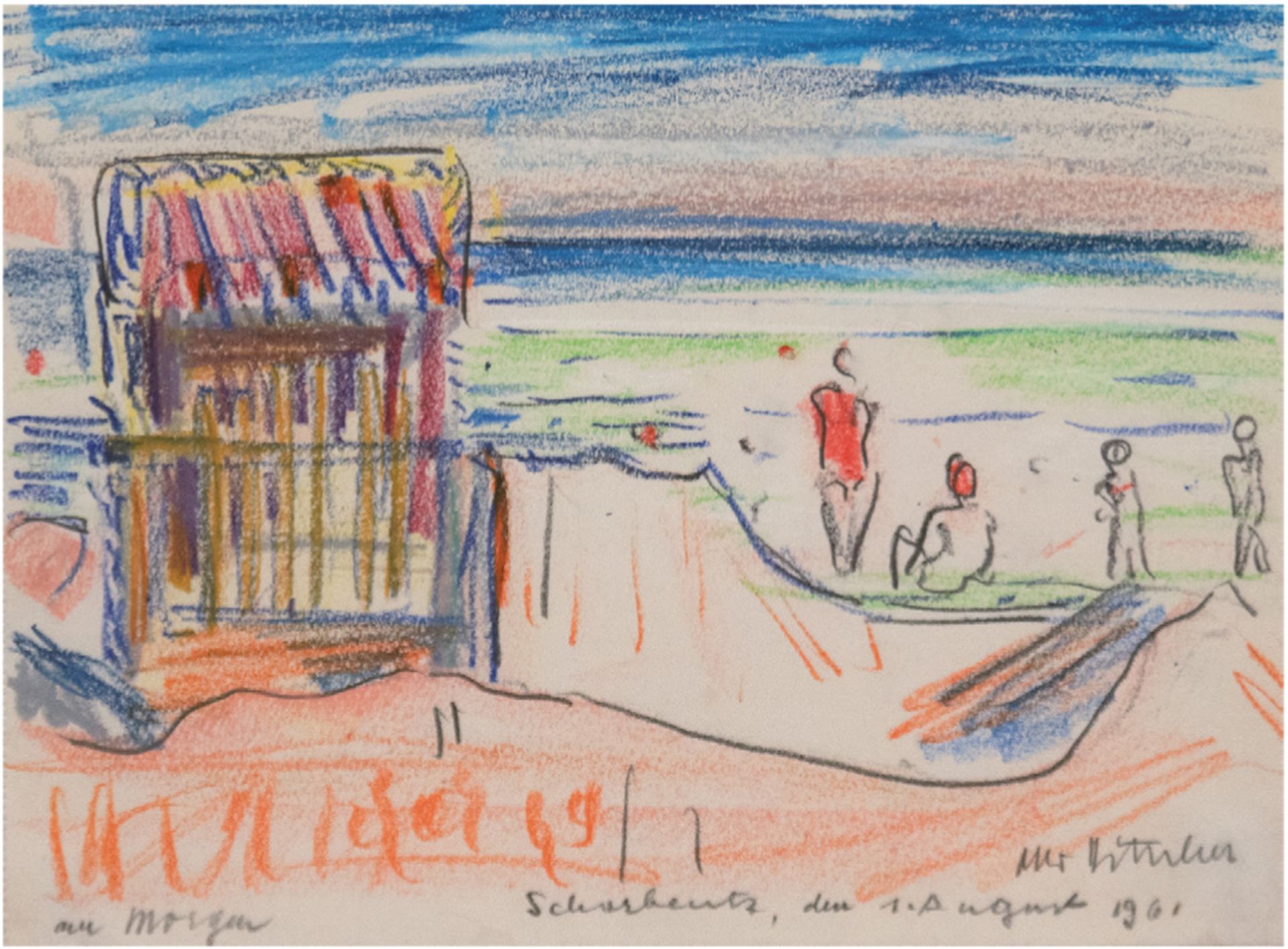 Ditscher, Otto (1903 Neuhofen, Pfalz-1987 ebenda) "Strandtag in Scharbeutz",Farbkreide/Papier