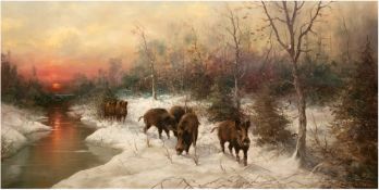 Klein, Lothar (1911-?) "Winterlandschaft mit Wildschweinen", Öl/Lw., sign. u.r., 61x120cm, R