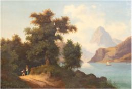 Lotz, C. "Romantische Seenlandschaft", Öl/Lw., sign. u.l., Lw. kl. Besch. u. Farbflecken,48x