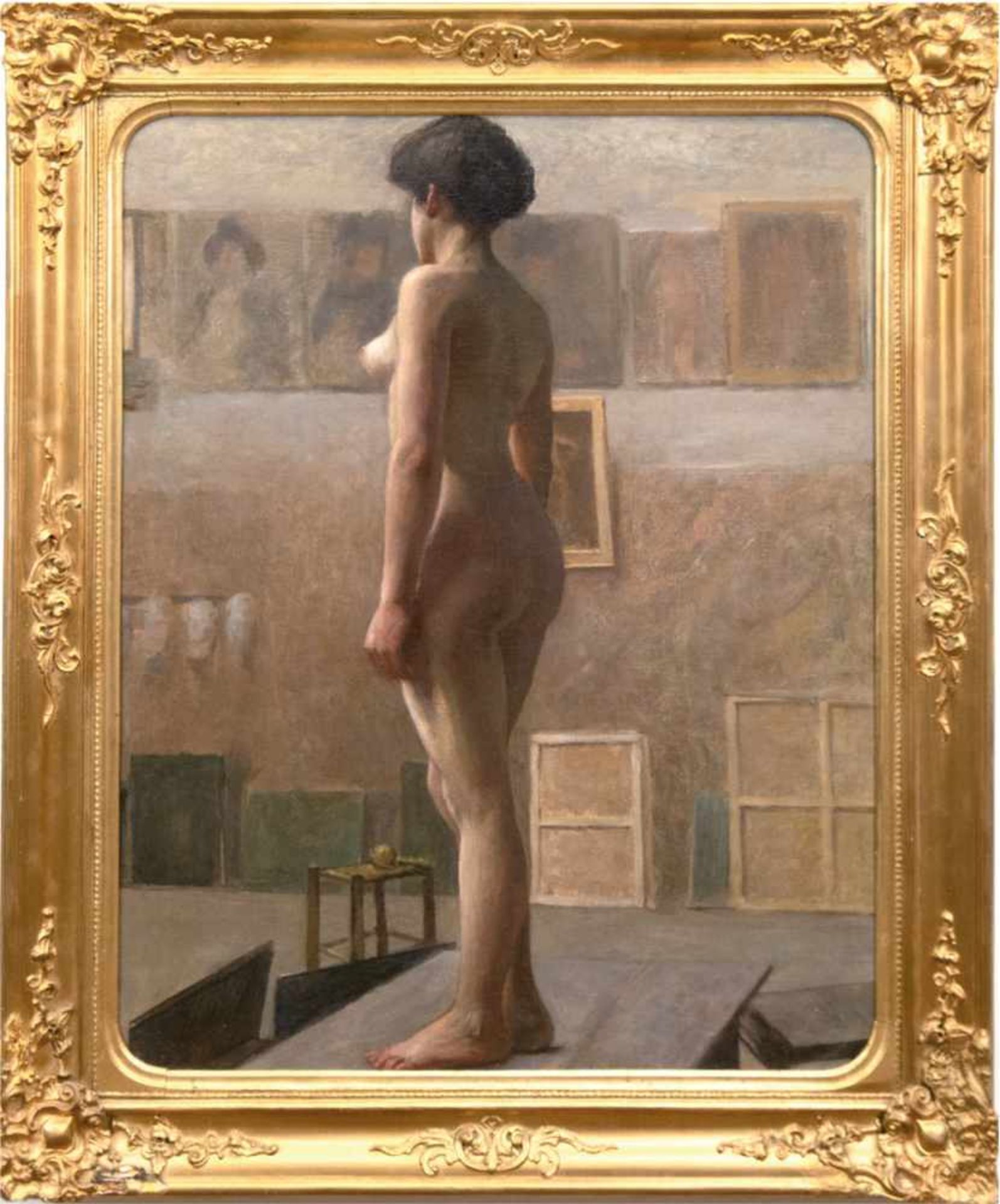 Hollosy, Simon (1857-1918) zugeschrieben "Aktmodell im Atelier", Öl/Lw., unsign.,doubliert,