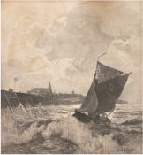 Schönleber, Gustav (1851 Bietigheim-1917 Karlsruhe) "Fischerboot vor Küste" Radierung,sign.