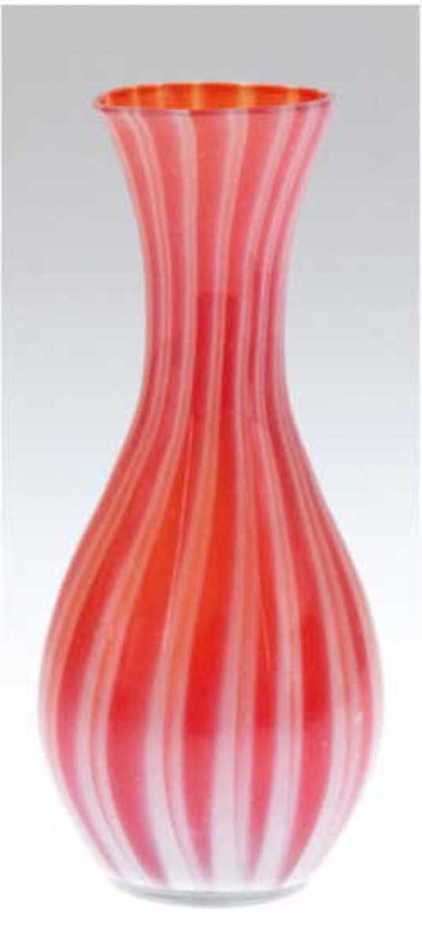 Murano-Vase, farbloses Glas, mit weißen, roten und gelben Streifendekor, H. 18 cm