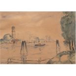 Wickert, Georg (1886 Gleiwitz-1940 Lübeck) "Hafen von Travemünde mit Leuchtturm",Aquarell,
