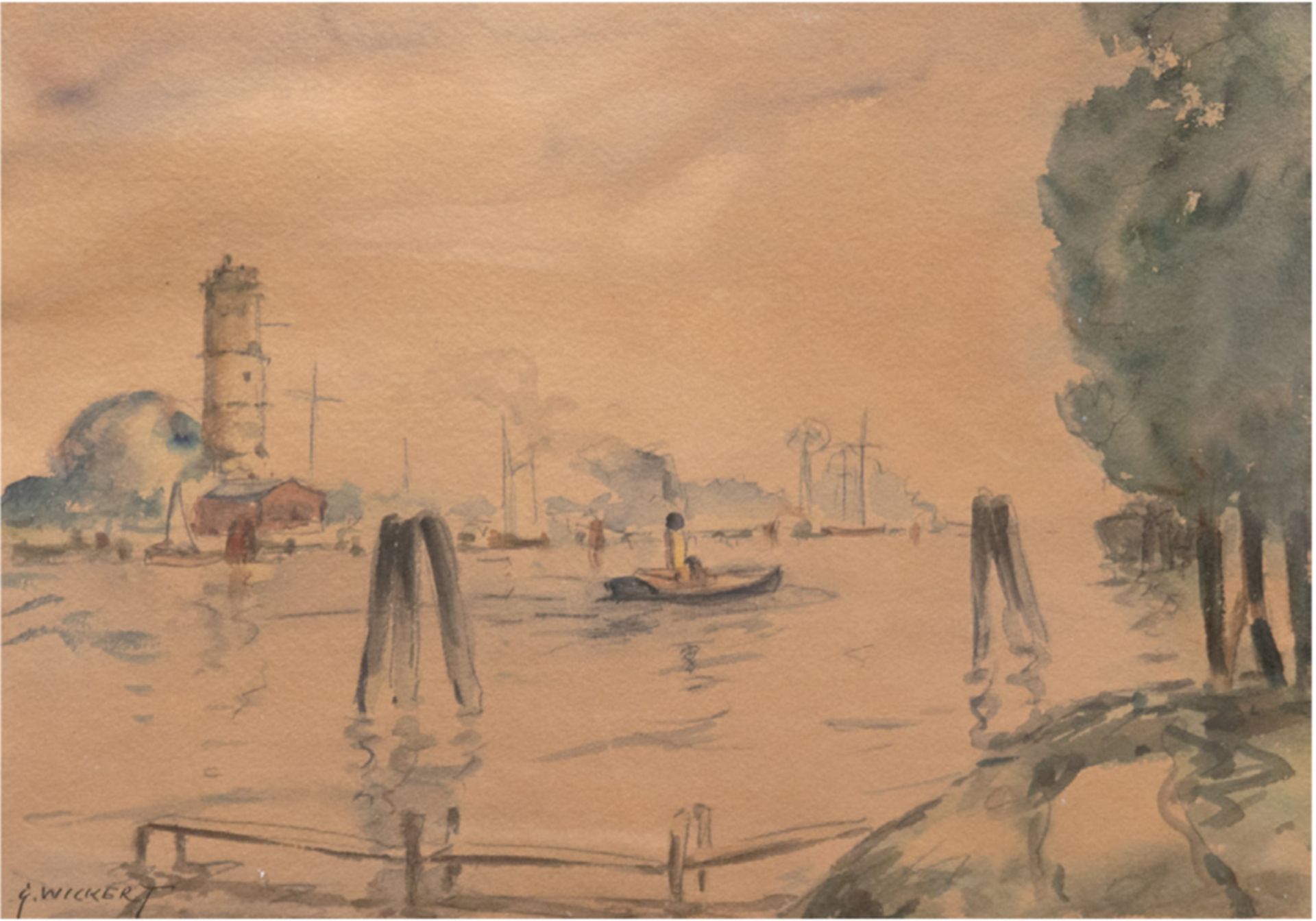 Wickert, Georg (1886 Gleiwitz-1940 Lübeck) "Hafen von Travemünde mit Leuchtturm",Aquarell,