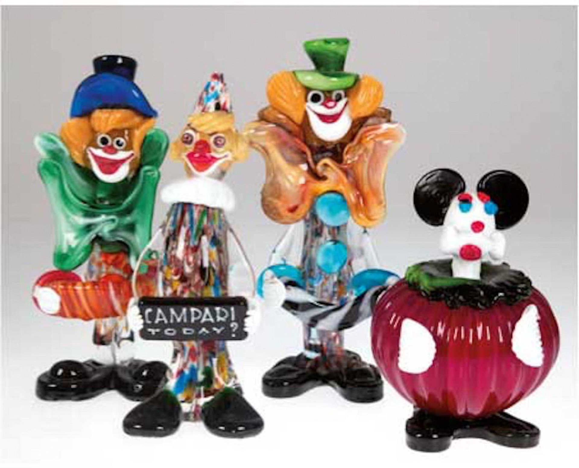 4 diverse Murano-Figuren, dabei 3 Clowns und 1 Micky Maus, farbiges Glas bzw. farbigeEinschm
