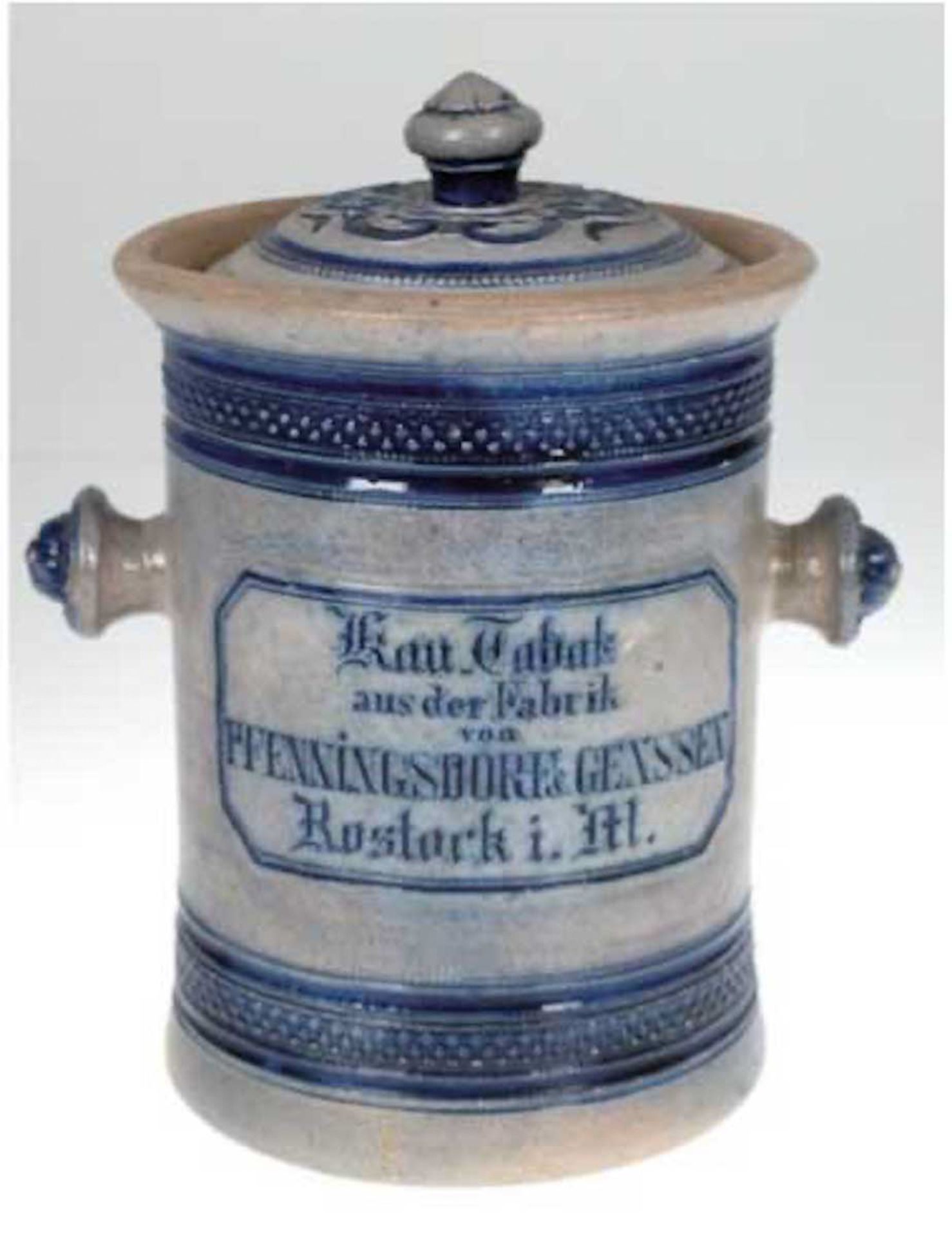 Kautabaktopf um 1900, "Kau-Tabak aus der Fabrik von Pfenningsdorf & Genssen, Rostocki.M.", sa