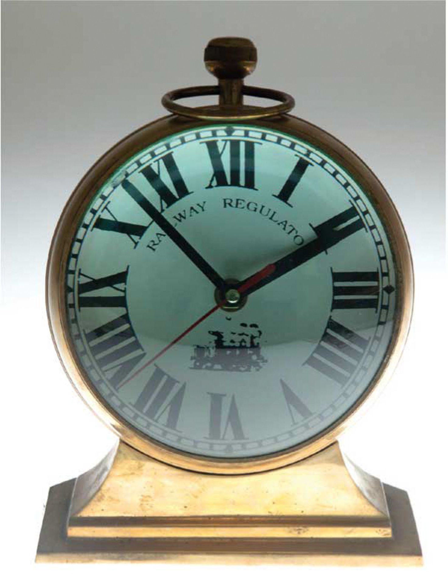 Kugel-Uhr "Railway Regulator", Messing, dickwandiges Glas, mit Quarzwerk, weißesZifferblatt