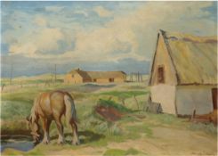 Bronsvig, Hans "Bauerngehöft mit Pferd an der Tränke", Öl/Lw., sign. u.r., 70x90 cm,Rahmen