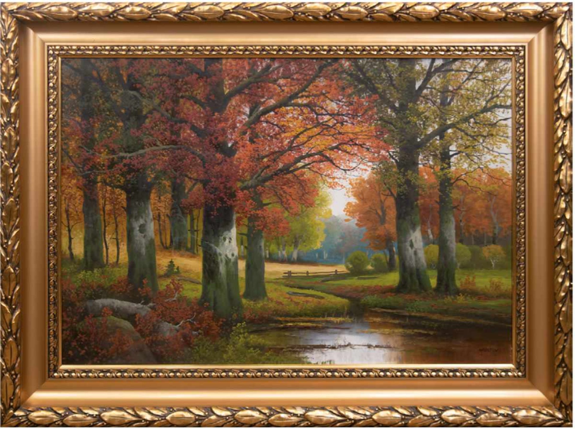 "Herbstwald mit Bachlauf", Öl/Lw., sign. u.r. Martin, 70x100 cm, Rahmen