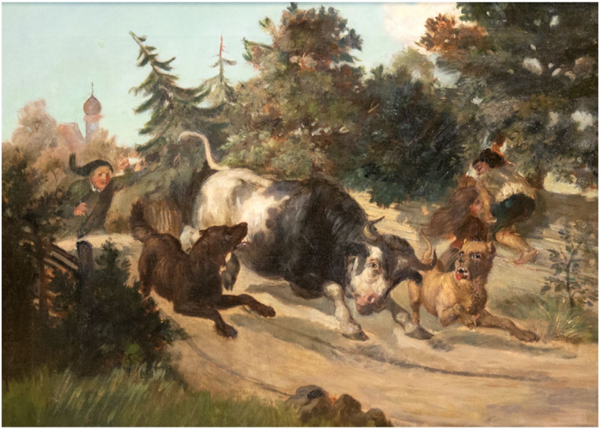 Süddeutscher Maler um 1900 "Von Hunden gehetzter Ochse läuft durch ein Hohlweg", Öl/Lw., 2