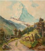 "Wanderweg zum Matterhorn", Öl/Lw., unsign., kl. Farbabplatzungen, 80x70 cm, Rahmen