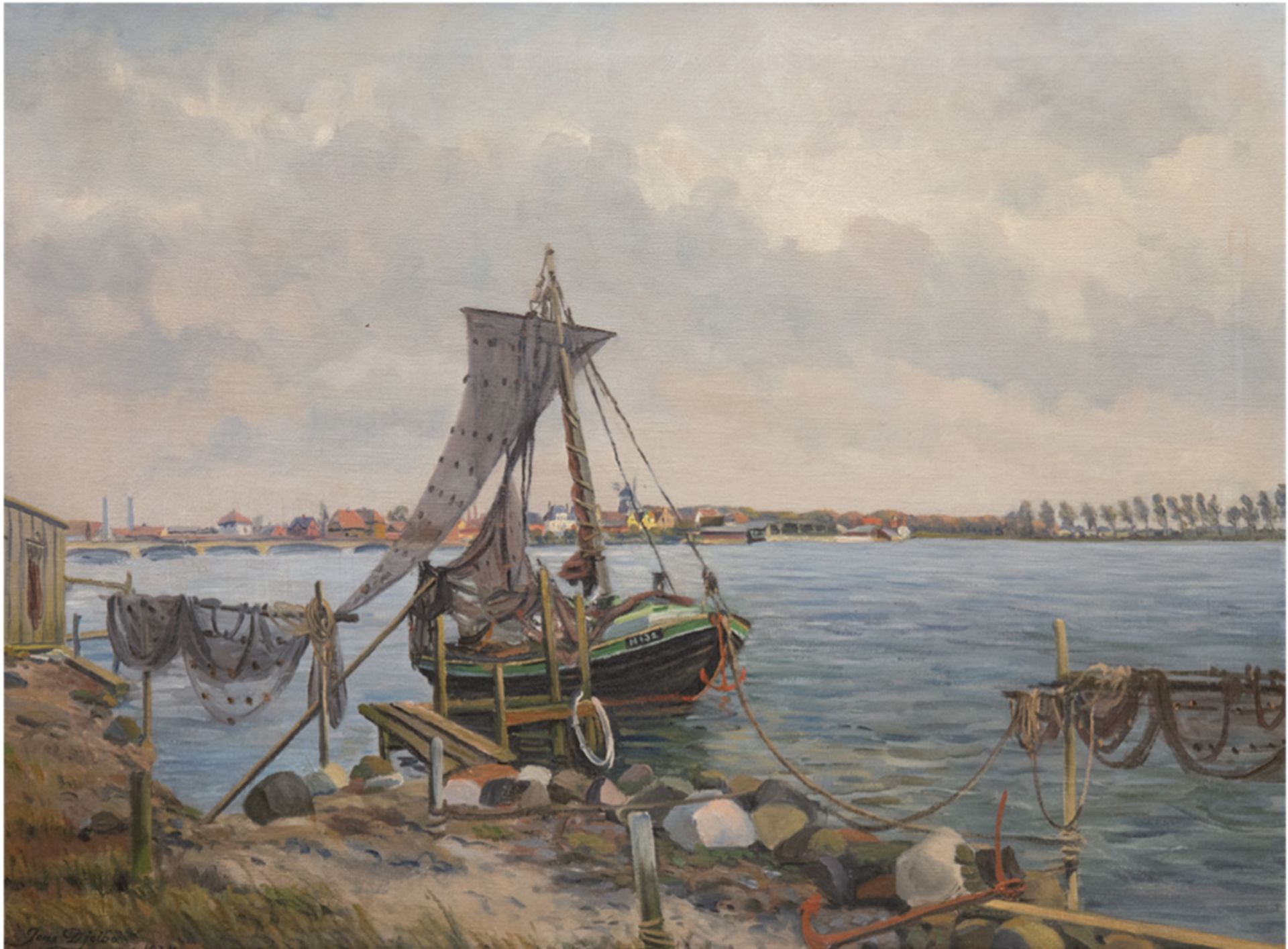 Djelbo, Jens "Kerteminde-Fischerboot mit Fischernetze", Öl/Lw., sign. und dat. 1934 u.l.,