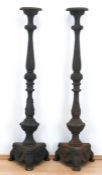 Paar Leuchter, Eisenguß, 3-passiger Stand mit gegliedertem, floral reliefiertem Schaft, H.14