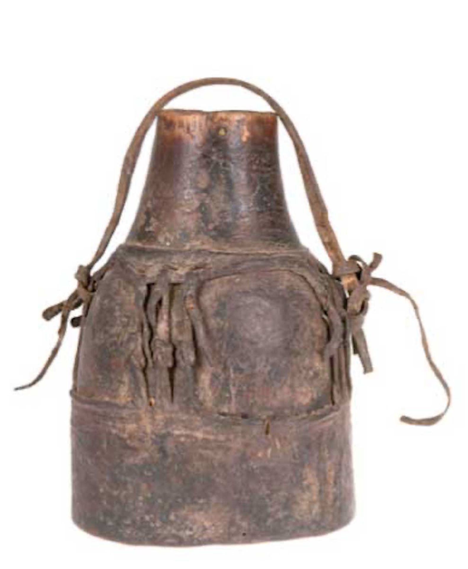 Afrikanische Wasserflasche, gegerbtes Leder, Ummantelung geflochten, mit Trageband, H. 22cm
