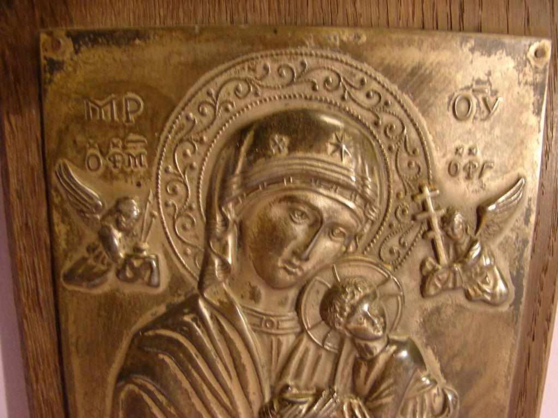 Ikone, "Maria mit Kind", Blech auf Holz, ca. 15 x 20 cm - Bild 2 aus 2