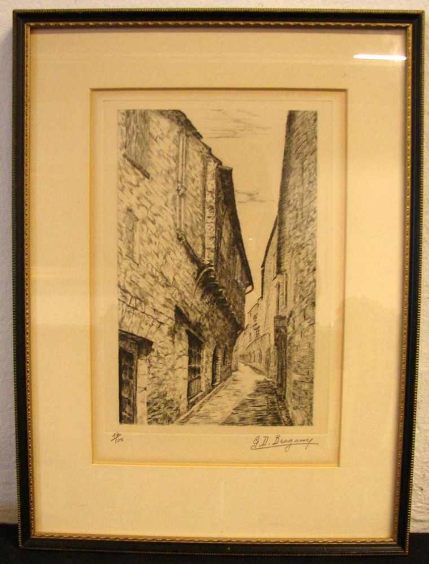 Stich, "Dorfgasse", u.re. G.D.Bragany, 10/100 Auflage, ca. 19 x 28 cm