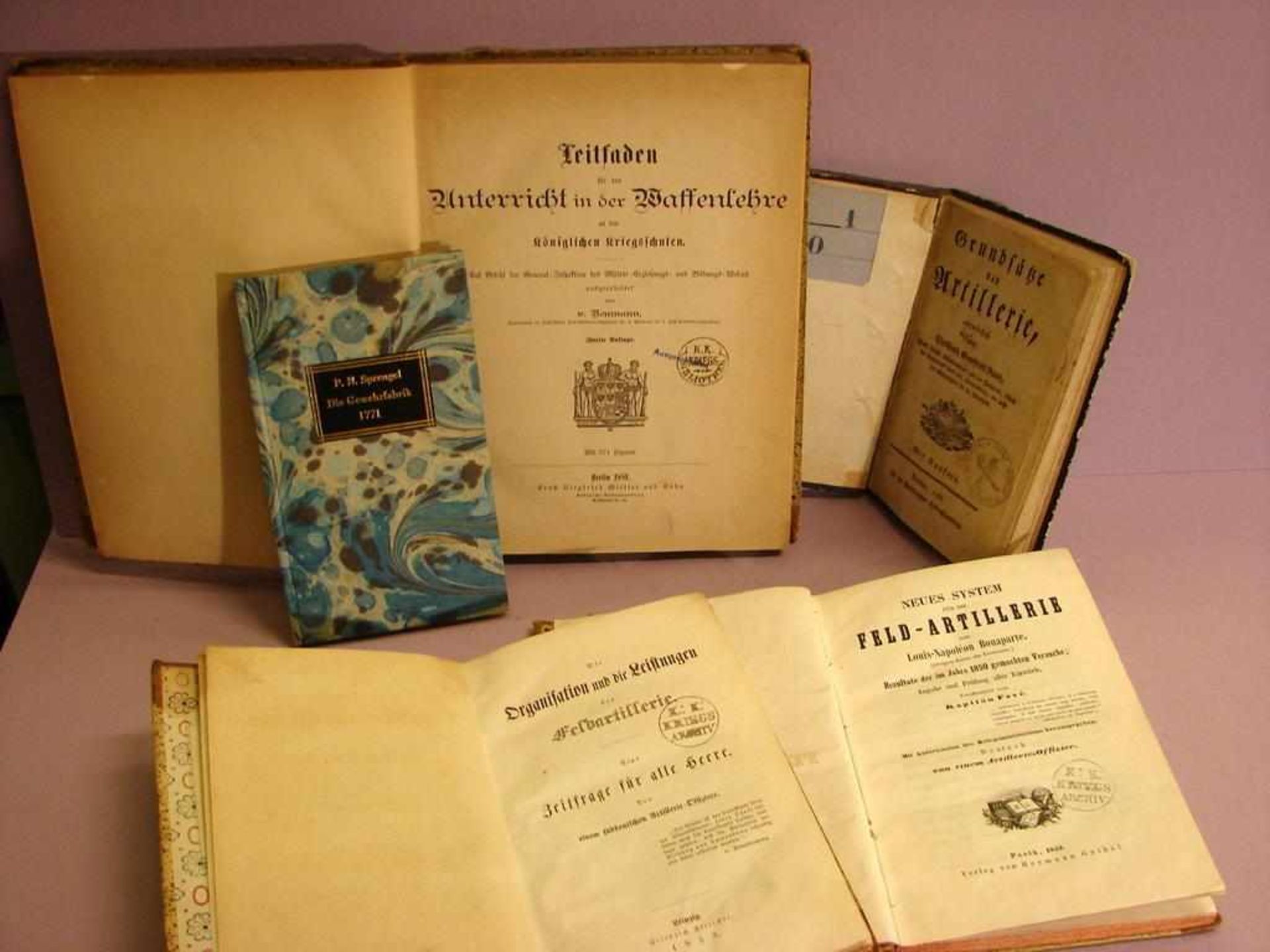 Konvolut Bücher, 5 Stück, zu Waffenlehre/Feldartillerie, 18./19.Jhd.;<b