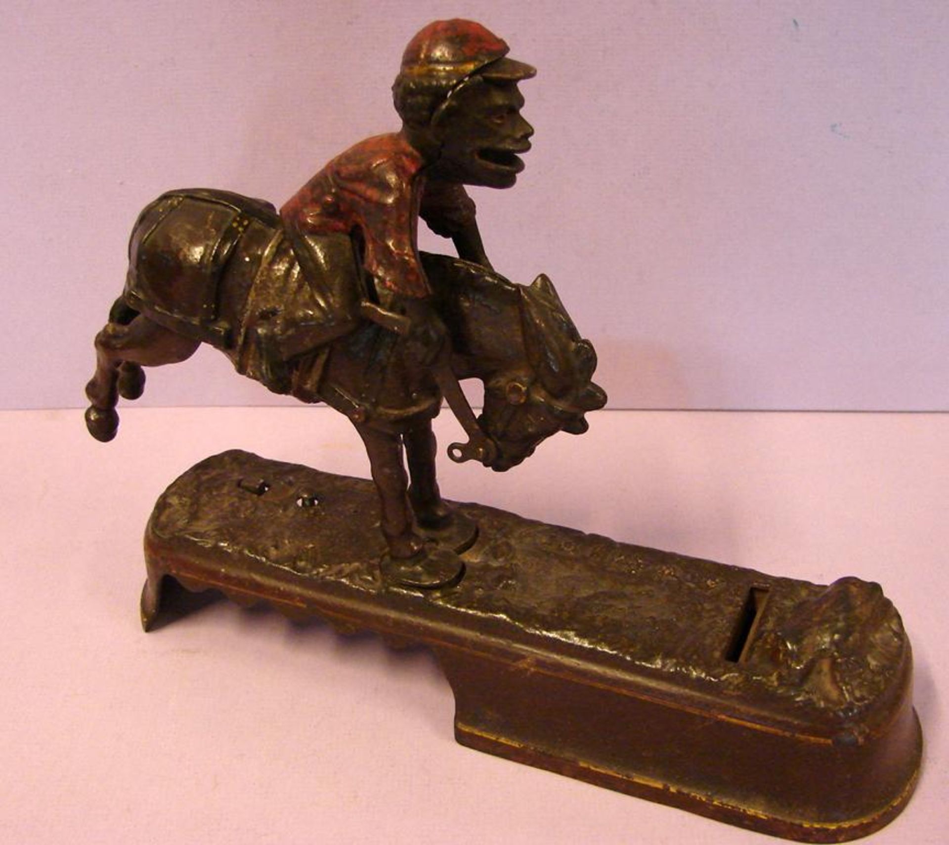 Spardose, Jockey auf Pferd, Metall, ca. 26 x 20 cm