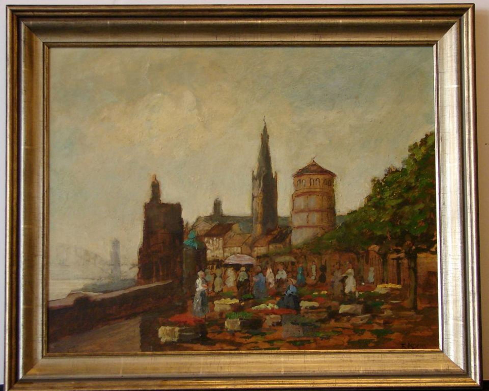 FRED KOCKS (1905-1989, Düsseldorf), "Blumenmarkt am Rheinufer, Düsseldorf", Öl/Malkarton,
