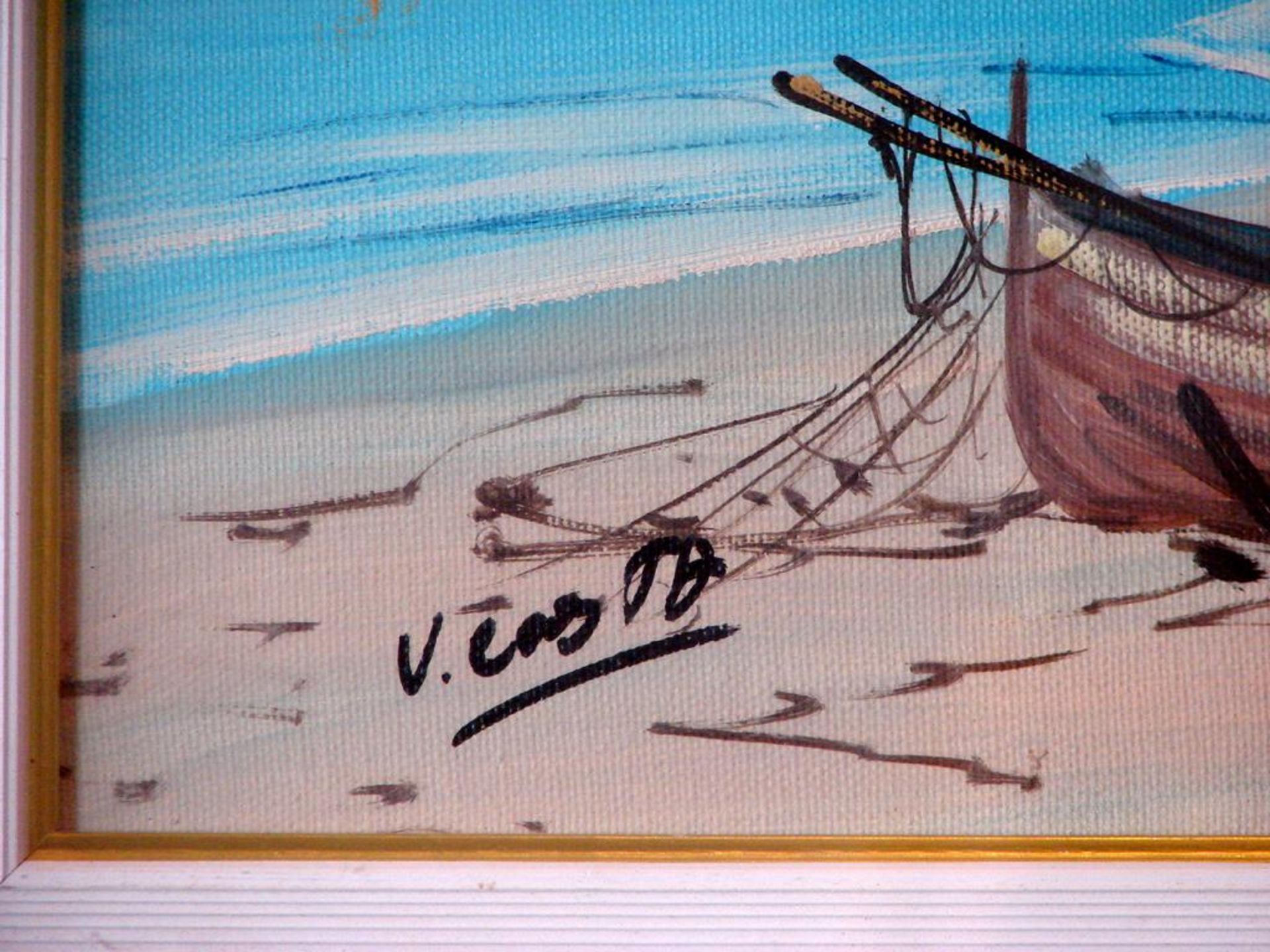 "Boote am Meer", Öl/Acryl/L., u.li.unles. sig., ca. 28 x 38 cm - Bild 2 aus 2