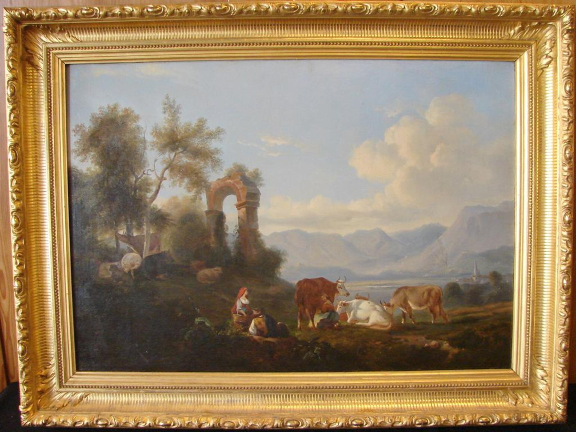 "Oberitalien, Landschaft mit Tieren", Öl/L., Ende 18. Jhd., ohne Signatur, im aufwendigen Rahmen,ca.