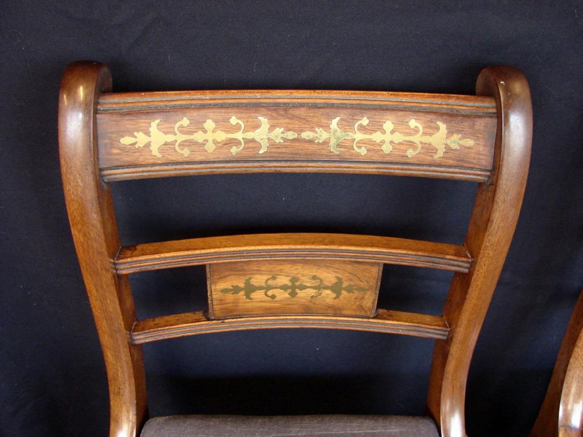 6 Stühle, Buche, mit Messingeinlegearbeiten, Bezug teils beschädigt - Bild 2 aus 3