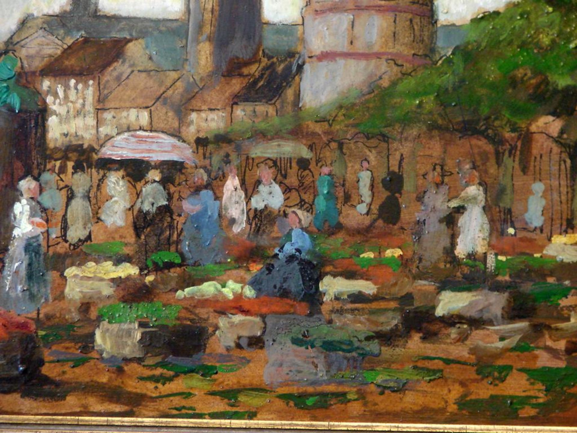 FRED KOCKS (1905-1989, Düsseldorf), "Blumenmarkt am Rheinufer, Düsseldorf", Öl/Malkarton, - Bild 3 aus 4
