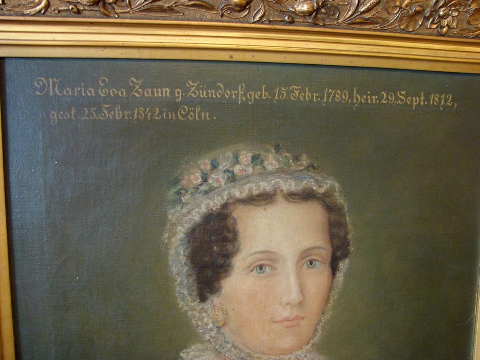 "Portrait einer Dame", Öl/L., ohne Signatur, u.mitt. bezeichnet:" Maria Eva Zaun, geb. Zündorf, - Bild 2 aus 3
