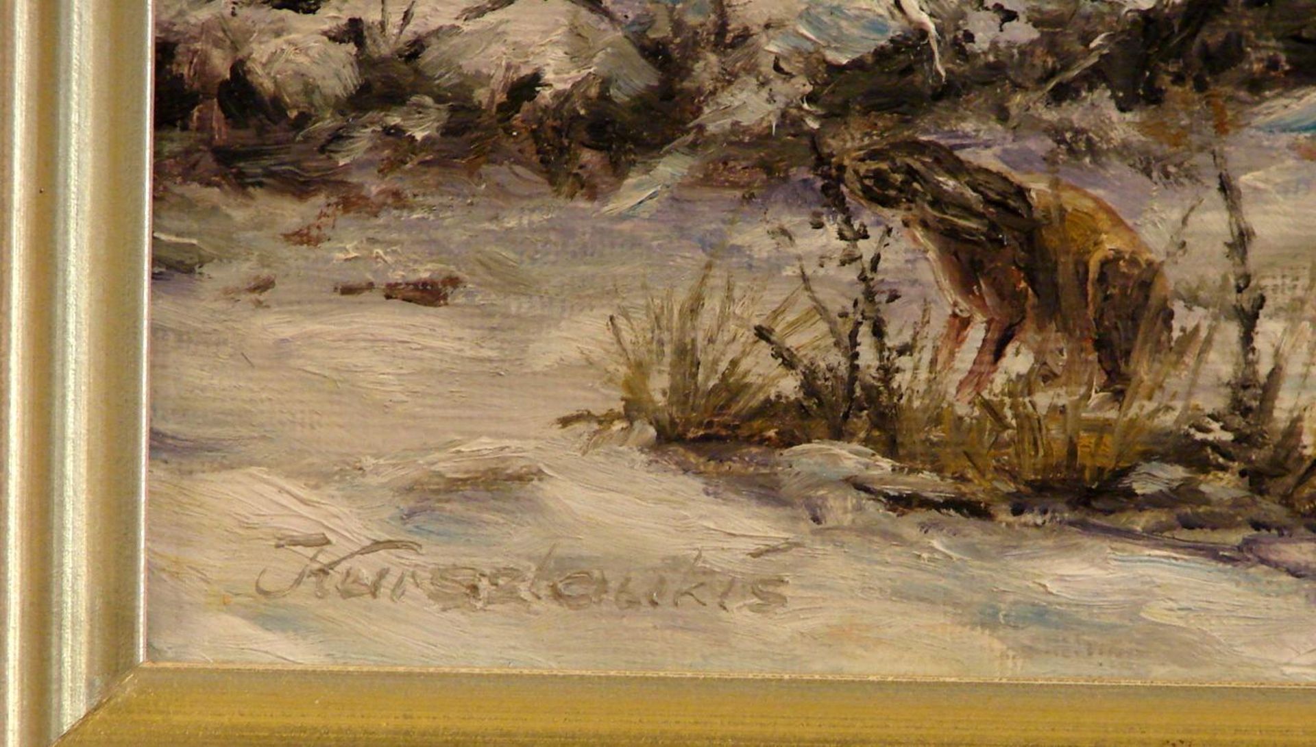 "Winterlandschaft mit Hasen", Öl/Leinwand, u.li. unleserlich sig., ca. 38 x 54 cm - Image 2 of 2