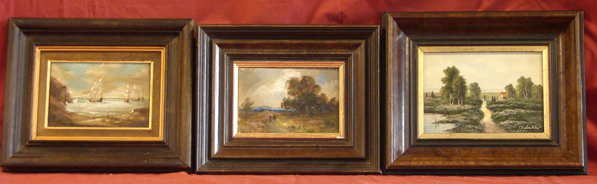 3 Ölgemälde, "Landschaft mit Paar", ohne sig., ca. 10 x 14,5 cm; "Landschaft mit Haus", u.re.sig.