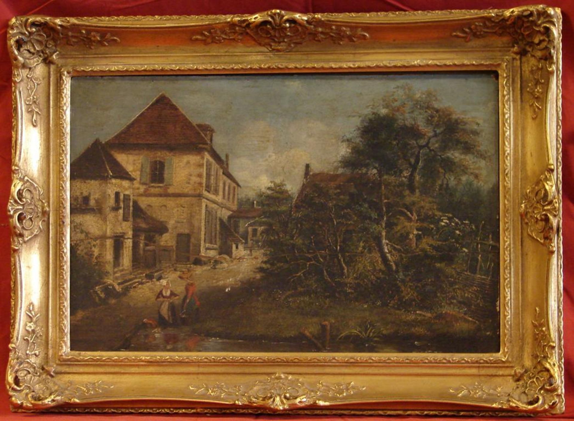 "Waschtag am Fluss", Öl/Holz, ohne Sig., ca. 43 x 28 cm (Querriss in der Platte)