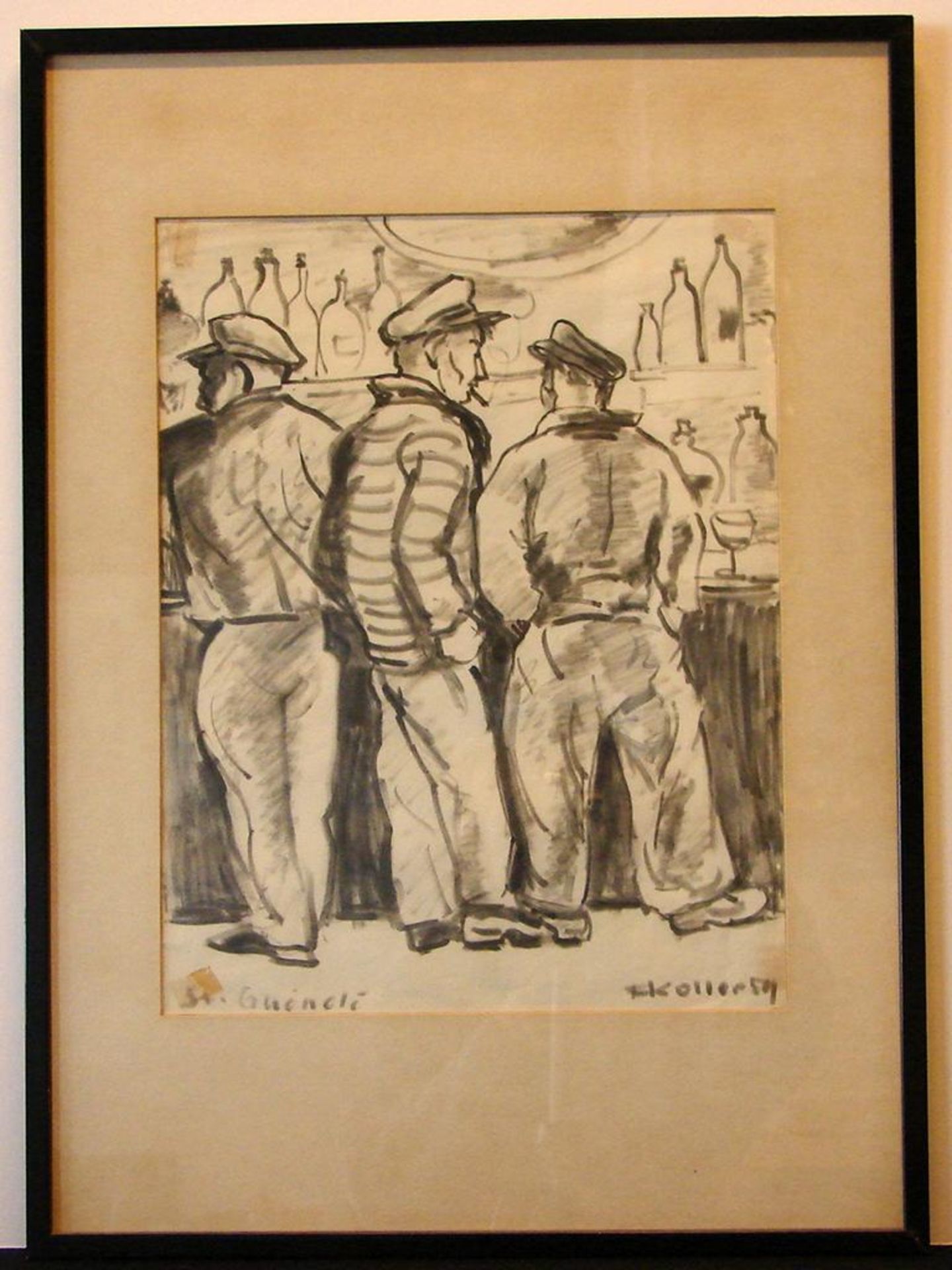 "In der Bar", Stift/Papier, u.re.sig. Koller, dat. '59, links bez. St. Guinoli (?), ca. 26 x 34 cm
